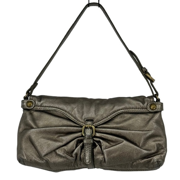 KOOBA Olivia Buttery Metallic Pleated Leather Flap Front Pewter Y2K Baguette Bag - Picture 1 of 9